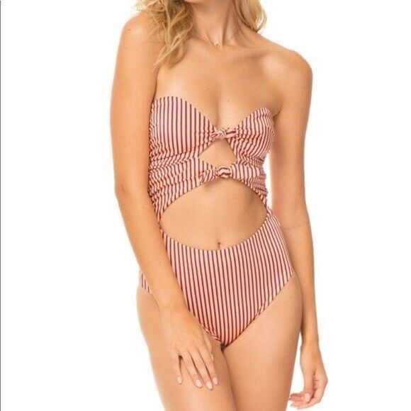 TORI PRAVER 1R19SOROST ROUX 1-PIECE CUTOUT BANDEAU BIKINI TIE FRONT HALTER GOLD - Picture 2 of 12